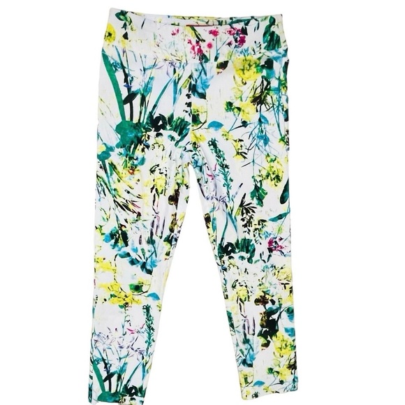 Krazy Larry Made/USA Pants white/Multicolor Leaves Print Stretch Pull On 2 NWOT - Picture 2 of 11